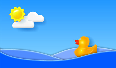 Yellow rubber duck in the blue waves