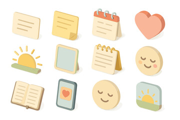 Colorful 3d icons of stationery and emojis with playful designs