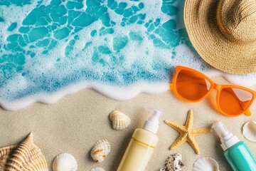 A beach-themed composition featuring various sunscreen products, including bottles of face and body lotions with an orange or blue color scheme, a tube with a white cream texture