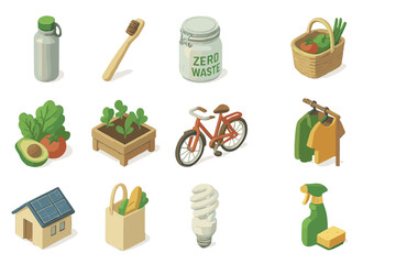 Eco-friendly lifestyle icons: zero waste, sustainable living, renewable energy