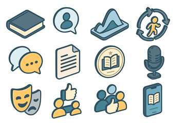 Set of communication and education icons with diverse illustrations