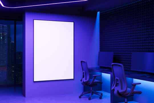 Blank poster mockup on purple wall in modern gaming room interior with neon lights and dual computer setup at night in high-tech environment. 3D Rendering