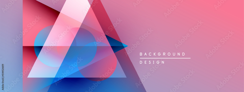 Poster abstract geometric shapes overlap, creating vibrant pinks, blues, purples. gradient background adds 