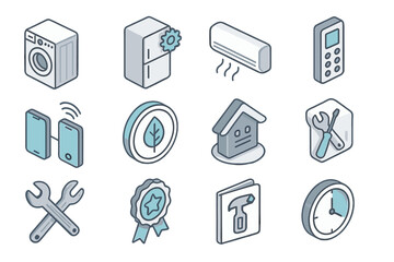 Household appliance and repair icons in blue and gray tones