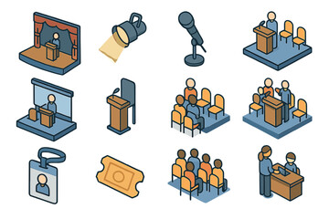 Isometric icons of public speaking and conference elements