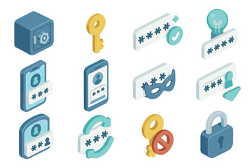 Security icons: passwords, keys, and security locks in isometric style