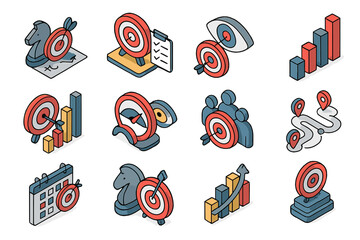 Isometric target and strategy icons set for business and marketing concepts