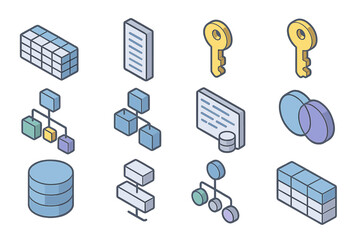 Isometric icons of database, network, and security key graphics