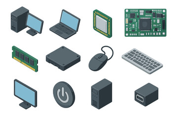 Collection of computer hardware: monitor, mouse, circuit board, and more