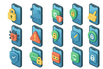 Colorful mobile security icons displayed on digital screens