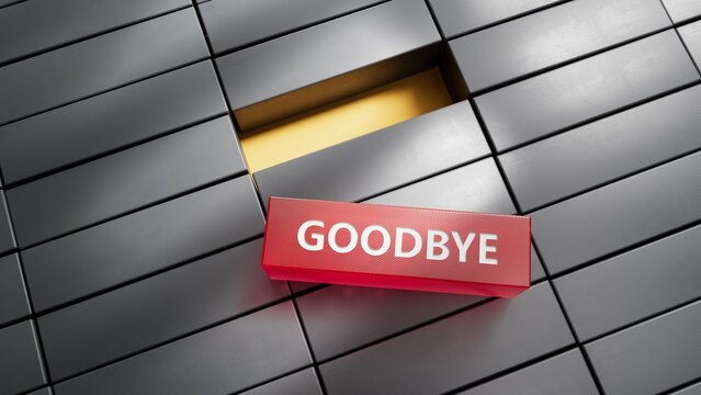 3D illustration of "GOODBYE" in English, using a bold font. It conveys a respectful and formal farewell.metal blocks.3D rendering on red background.
