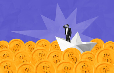 Businessman standing on paper boat among dollar coins with abstr