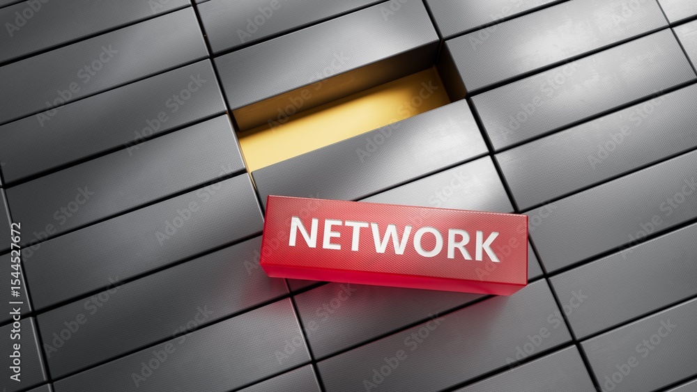 Aufkleber network - word concept. minimalist abstract design with close up of metal blocks,3d rendering on red
