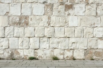 Weathered stone wall with sidewalk at base. AI generated