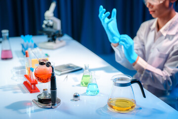 Laboratory Experiment with Scientist Wearing Protective Gloves at Table