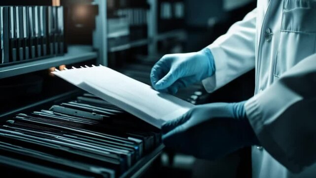 Archivist in Lab Coat Carefully Handling Documents