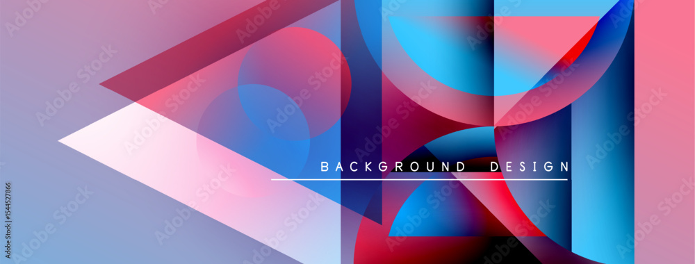 Poster abstract geometric shapes overlap, creating vibrant color gradients. modern design features blue, pi