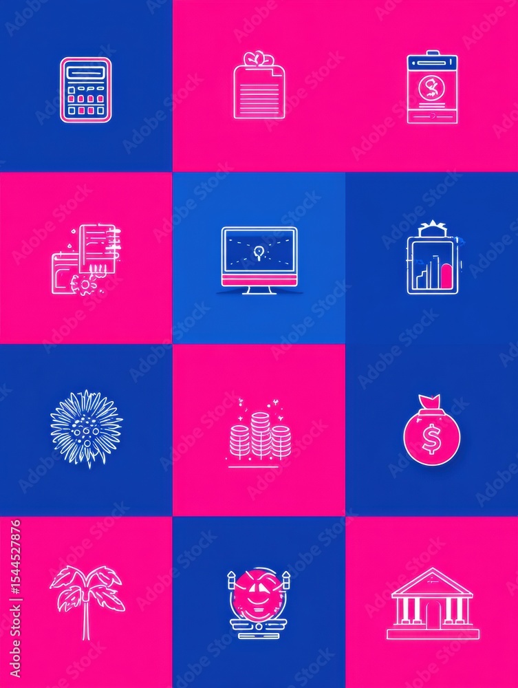 Poster color-block design featuring various illustrative icons representing finance, technology, and growth