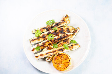 Grilled vegetables appetizer top view on round plate