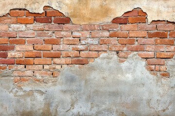 Weathered brick wall with cracked plaster and rustic texture. AI generated