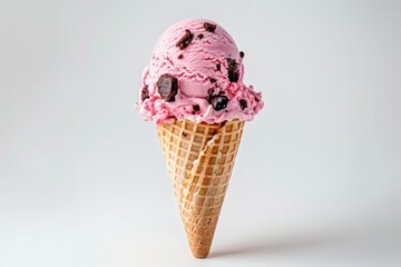 Pink ice cream cone with cookies on white background. AI generated