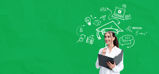 Female student holding folder with education icons on green back