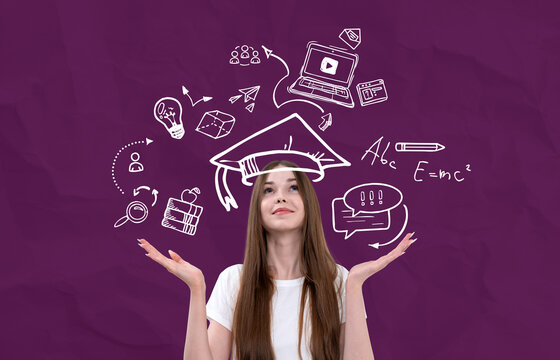 Female student with education icons and graduation cap on purple