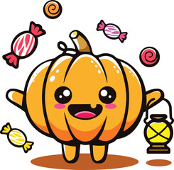 Cute Pumpkin Character with Halloween Costume and Floating Candy