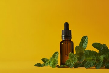 Brown bottle and mint leaves on vibrant yellow background. AI generated