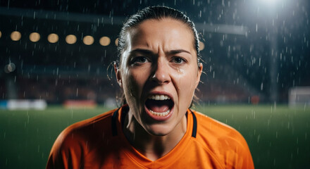 Passionate female soccer player screaming with intense emotion during a rainy night game in a floodlit stadium, embodying determination and competitive spirit on the field.