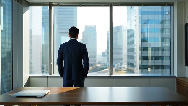 Successful businessman contemplates future opportunities while overlooking a vibrant cityscape from his modern office window a view of urban architecture and business success.