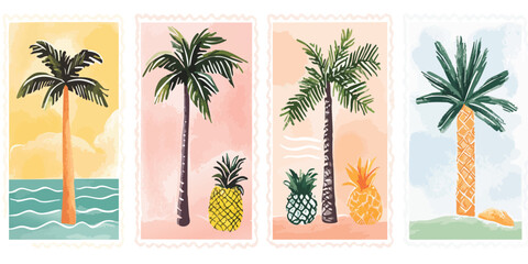 Watercolor-style postage stamps featuring palm trees and pineapples