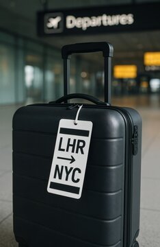 Modern Suitcase with LHR to NYC Travel Tag at Airport Departure Terminal, International Travel and Aviation Concept