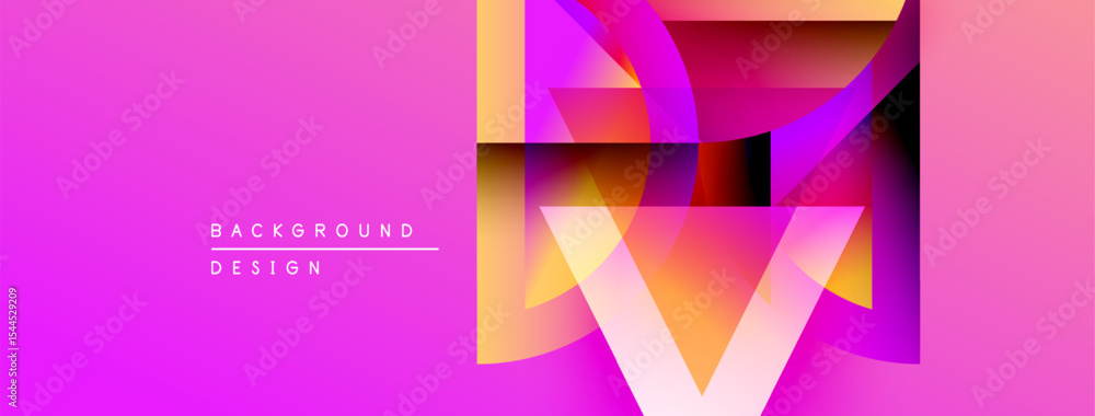 Poster Abstract vibrant design. Pink purple gradient background. Geometric shapes overlap creating modern visual effect. Stylish composition.