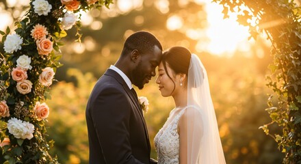 Interracial Couples Romantic Wedding Day Embrace at Sunset