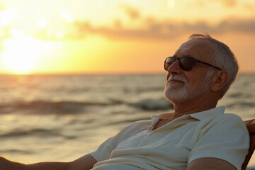 Senior man enjoys sunset while relaxing by the ocean Generative AI
