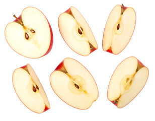 Fresh apple slices arranged on a white background.