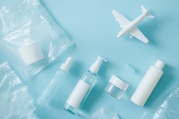 A flat lay composition of travel-sized skincare products in clear bottles and plastic bags, with a toy airplane flying above on a light blue background.