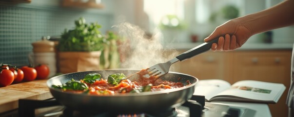 Cooking a meal person stirring food in a pan on a stove top in the kitchen