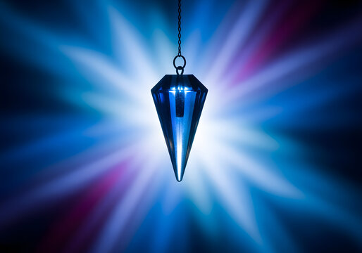 Blue crystal pendulum is swinging on an abstract blue and purple background