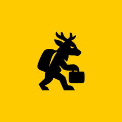A black silhouette of a deer carrying a briefcase, set against a bright yellow background