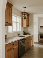 Modern Kitchen with Wooden Cabinets and Marble Countertops