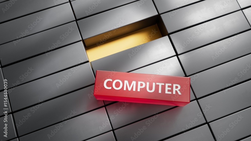 Poster computer.metal blocks spelling.flat lay view from above on metal blocks buttons.it technology concep