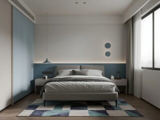 Modern Minimalist Bedroom with Blue Accents and Geometric Rug