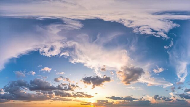 Dramatic wide view of cumulus and cirrus cloudscape in golden hour light with bright blue sky in an equirectangular panorama