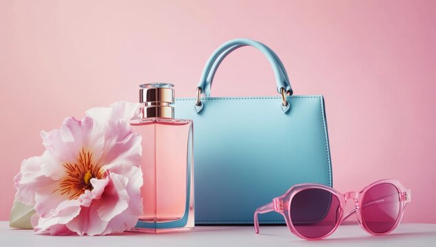 A light blue handbag, pink sunglasses, and an elegant bottle of perfume on the table. On one side, there is a flower. On another side, you can see shades of pink. Against a simple background.