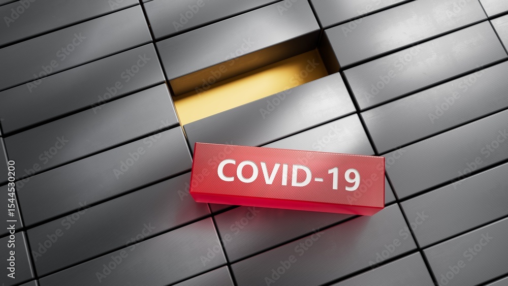 Poster covid-19.metal blocks spelling.flat lay view from above on red background with metal blocks buttons.