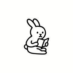 A simple line drawing of a rabbit sitting and holding an open book