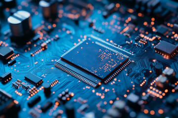 AI chip on vibrant blue circuit board with glowing details. AI generated