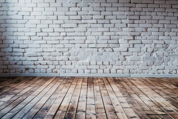 Photo Background with White Brick Wall and Wooden Floor Professional Studio Equipment